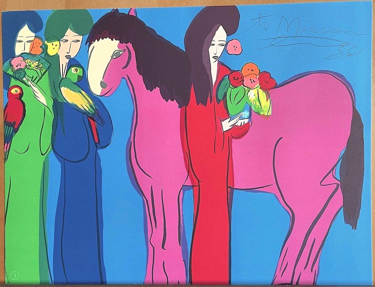 MAGENTA HORSE, THREE GEISHAS Signed Lithograph, Asian Women, Horse, Parrots - Contemporary Print by Walasse Ting