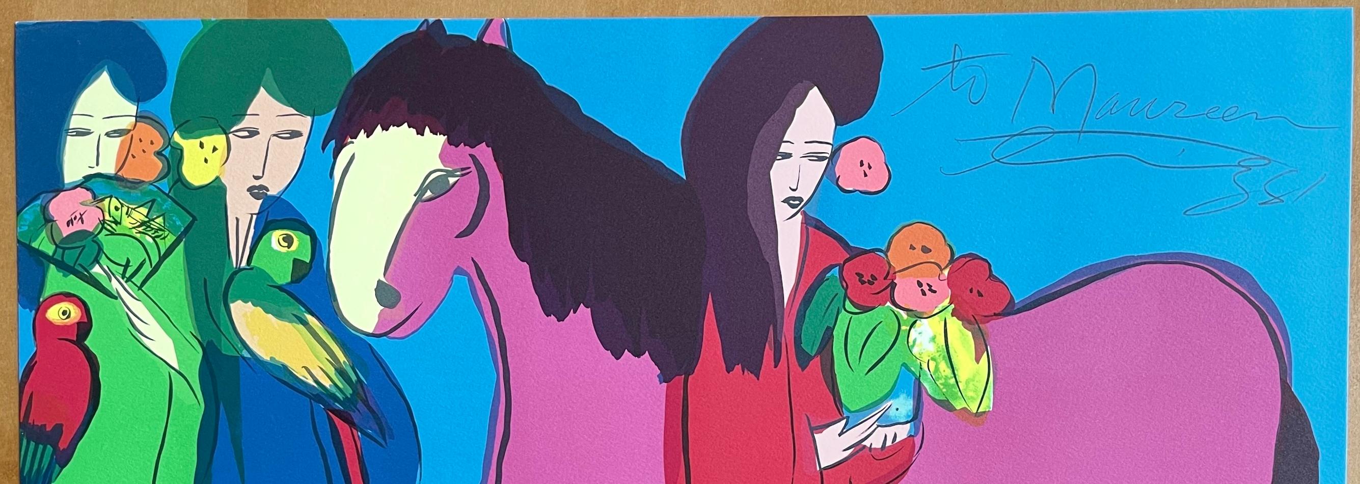 CABALLO MAGENTA, TRES GEISHAS Litografía firmada, Mujeres asiáticas, Caballo, Loros en venta 1
