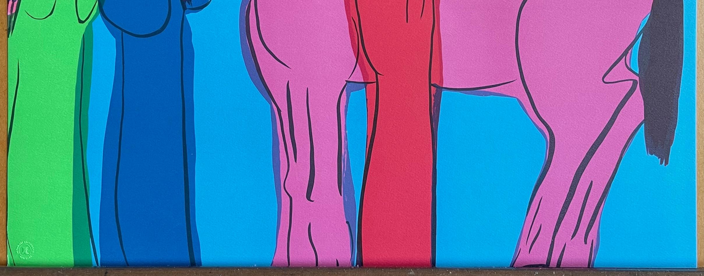 CABALLO MAGENTA, TRES GEISHAS Litografía firmada, Mujeres asiáticas, Caballo, Loros en venta 2