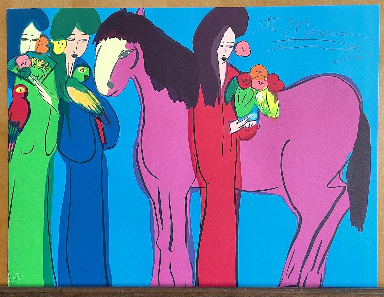 CABALLO MAGENTA, TRES GEISHAS Litografía firmada, Mujeres asiáticas, Caballo, Loros en venta 3