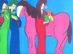 MAGENTA HORSE, THREE GEISHAS Signed Lithograph, Asian Women, Horse, Parrots