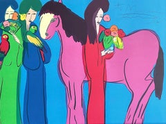 MAGENTA HORSE, THREE GEISHAS Signed Lithograph, Asian Women, Horse, Parrots