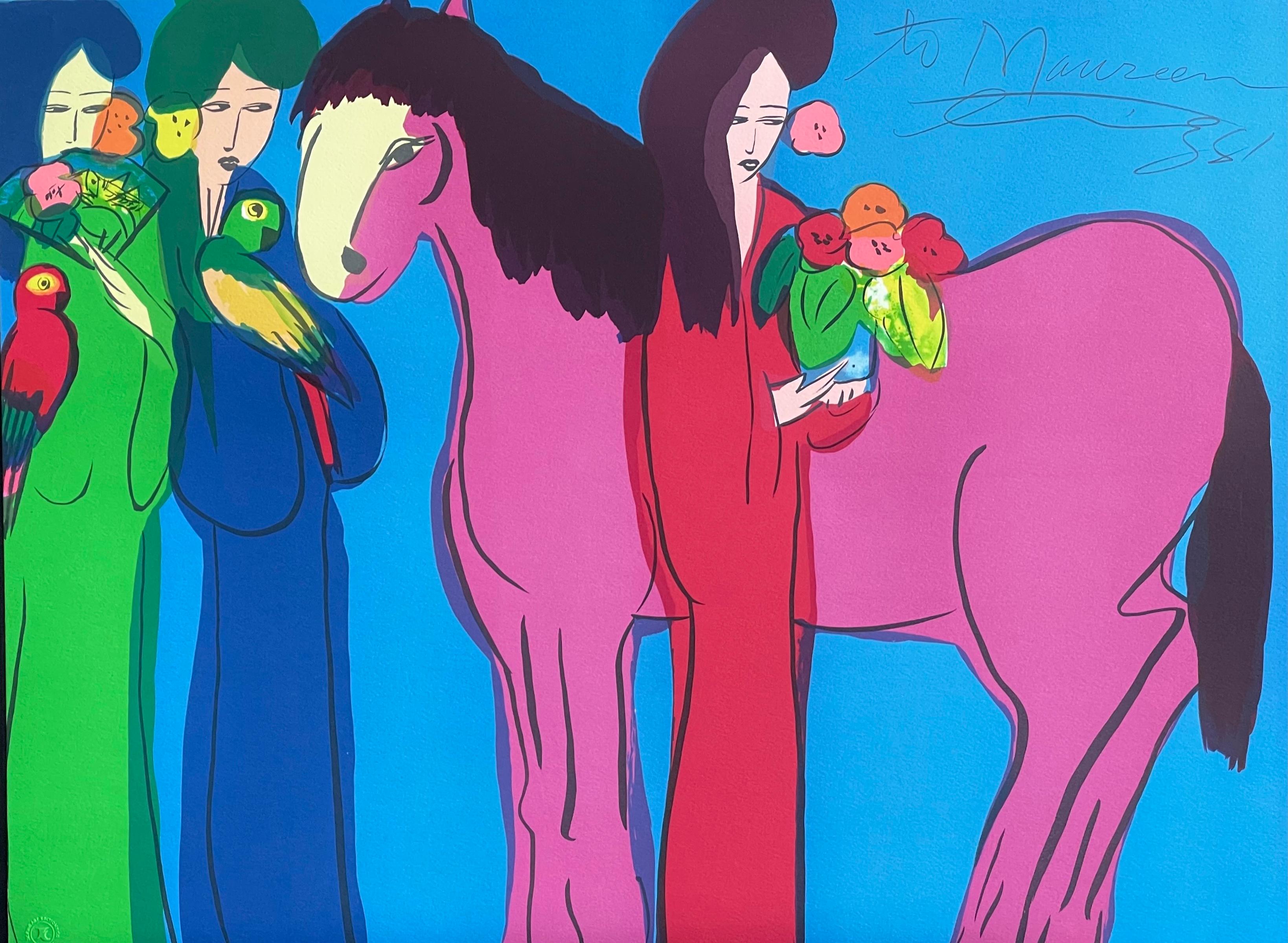 MAGENTA HORSE, THREE GEISHAS Litografia firmata, Donne asiatiche, cavallo, pappagalli