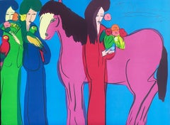 MAGENTA HORSE, THREE GEISHAS Signed Lithograph, Asian Women, Horse, Parrots