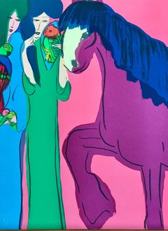 MAGENTA HORSE, TWO GEISHAS Signed Lithograph, Asian Women, Parrot, Fan