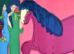 MAGENTA HORSE, TWO GEISHAS Signed Lithograph, Colorful Asian Women, Parrots