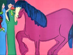 MAGENTA HORSE, TWO GEISHAS Signed Lithograph, Colorful Asian Women, Parrots