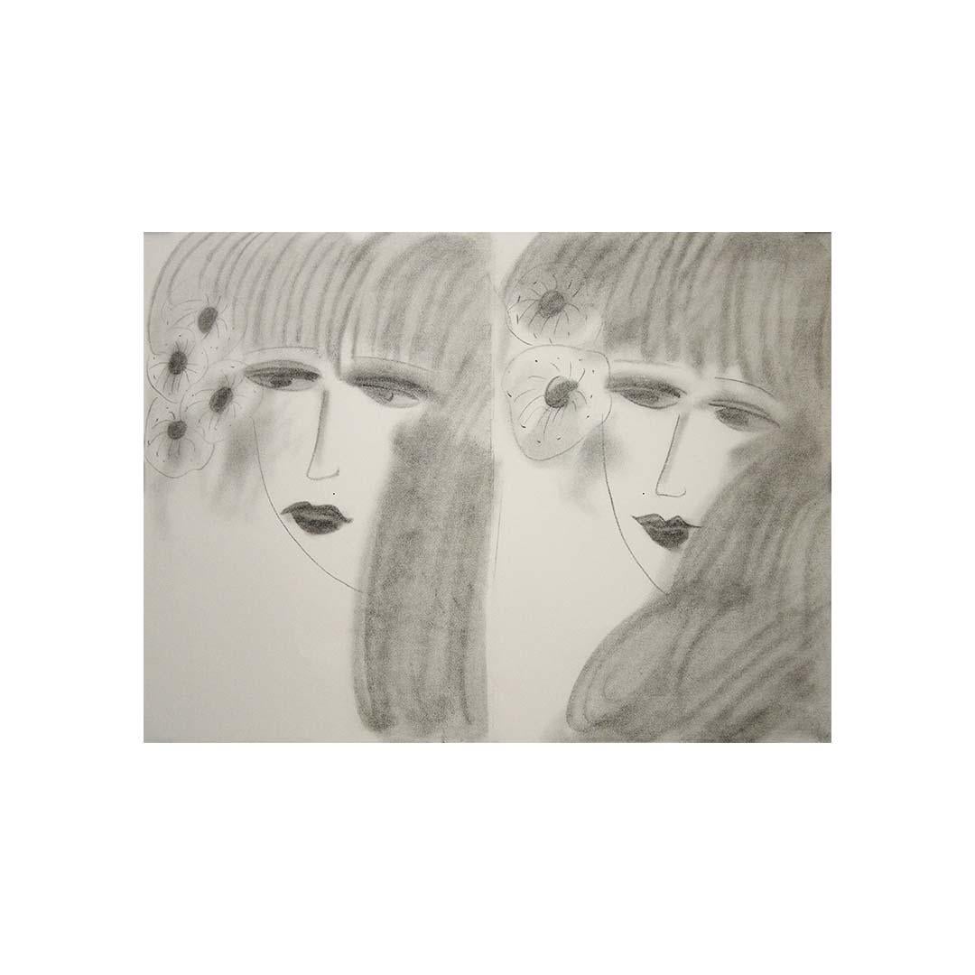 Original lithograph Double visage de jeune fille aux 6 fleurs by Walasse Ting For Sale 1