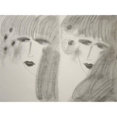 Litografía original Double visage de jeune fille aux 6 fleurs de Walasse Ting