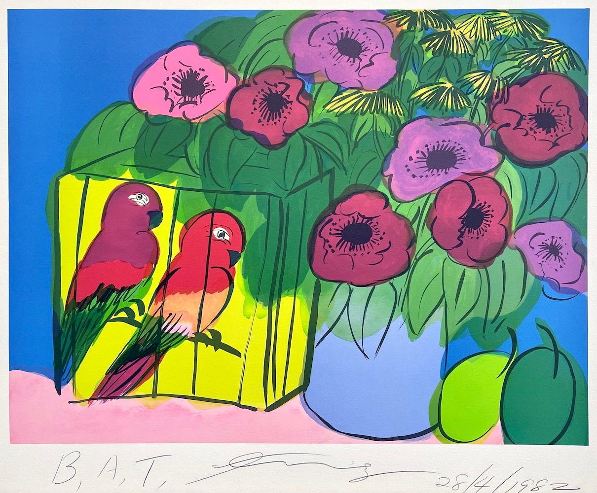 PARROTS AND FLOWERS Signed Lithograph, Flowers Blue Vase Tropical Parrots, Plums - Print by Walasse Ting