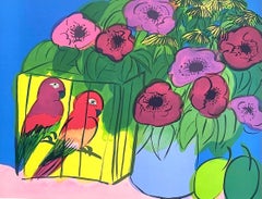 PARROTS AND FLOWERS Signed Lithograph, Flowers Blue Vase Tropical Parrots, Plums