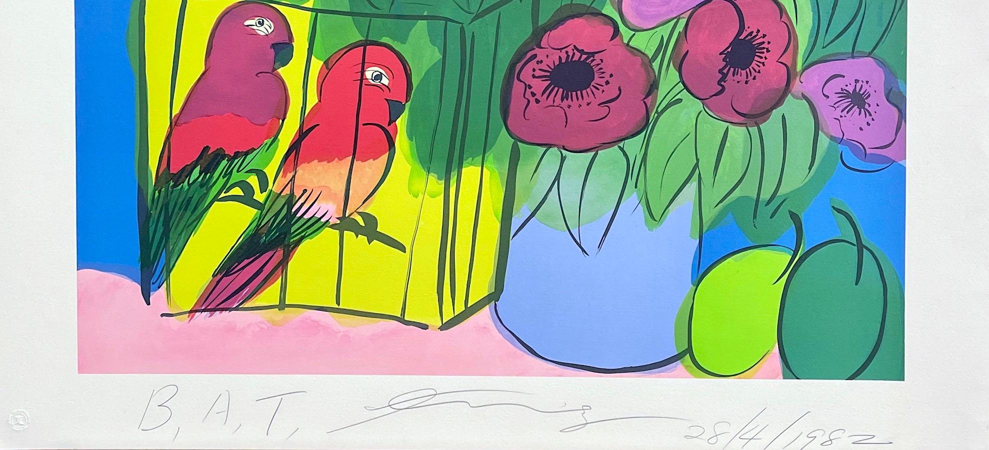 PARROTS AND FLOWERS Signed Lithograph, Flowers Blue Vase Tropical Parrots, Plums - Contemporary Print by Walasse Ting