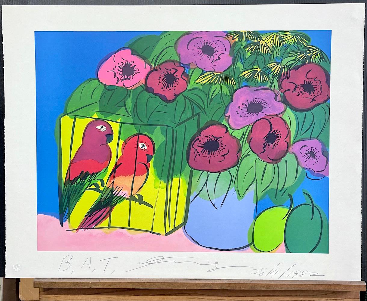 PARROTS AND FLOWERS est une lithographie originale dessinée à la main par le célèbre artiste d'origine chinoise Walasse Ting (DING XIONGQUAN, chinois, 1929-2010) imprimée sur du papier d'archivage Somerset 100% sans acide. L'utilisation de couleurs