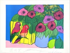 PARROTI E FIORI Litografia firmata, Fiori Vaso Blu Pappagalli Tropicali, Prugne