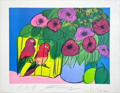 PARROTS AND FLOWERS Signed Lithograph, Flowers Blue Vase Tropical Parrots, Plums