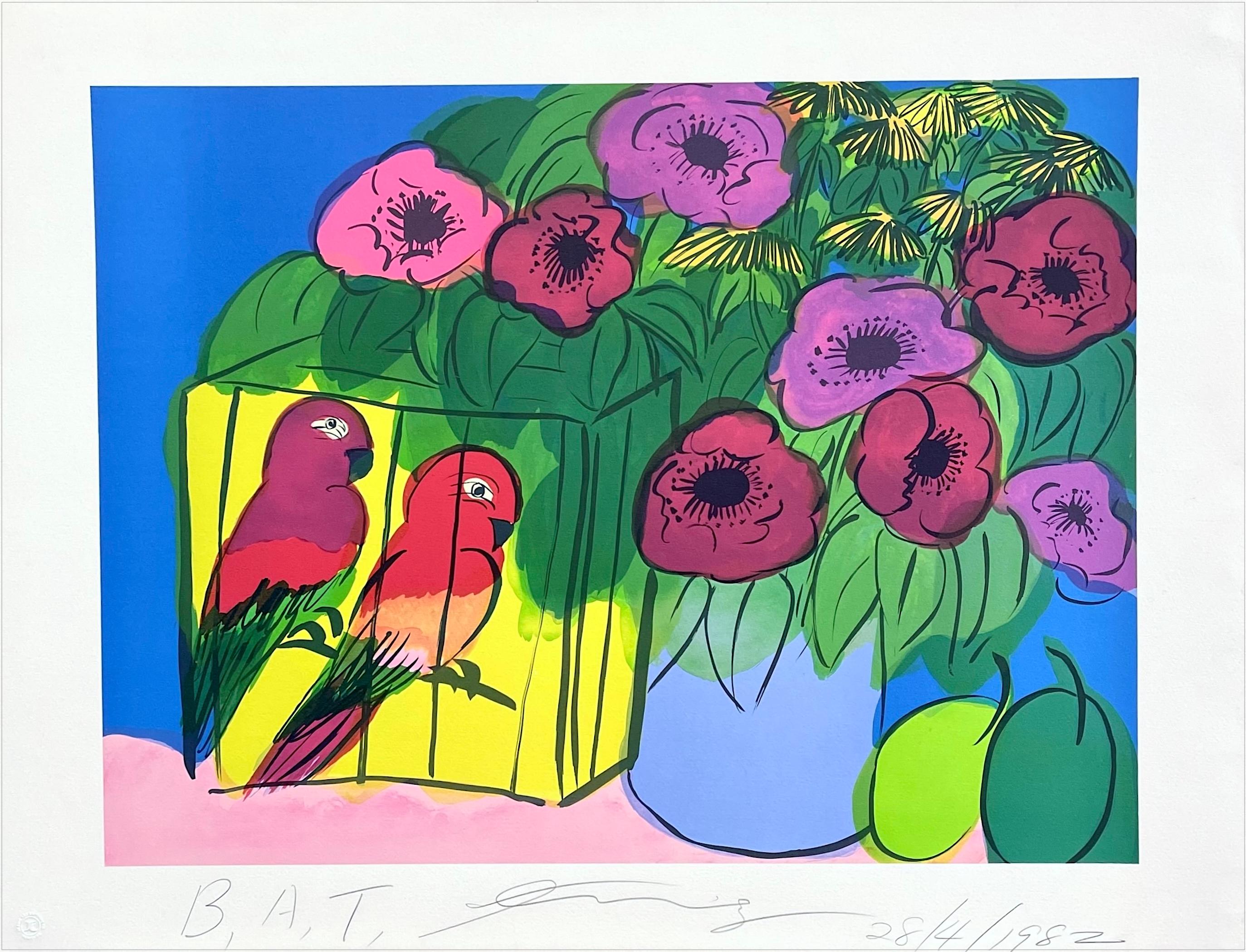 PARROTI E FIORI Litografia firmata, Fiori Vaso Blu Pappagalli Tropicali, Prugne