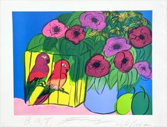 LOROS Y FLORES Litografía firmada, Flores Jarrón azul Loros tropicales, Ciruelas