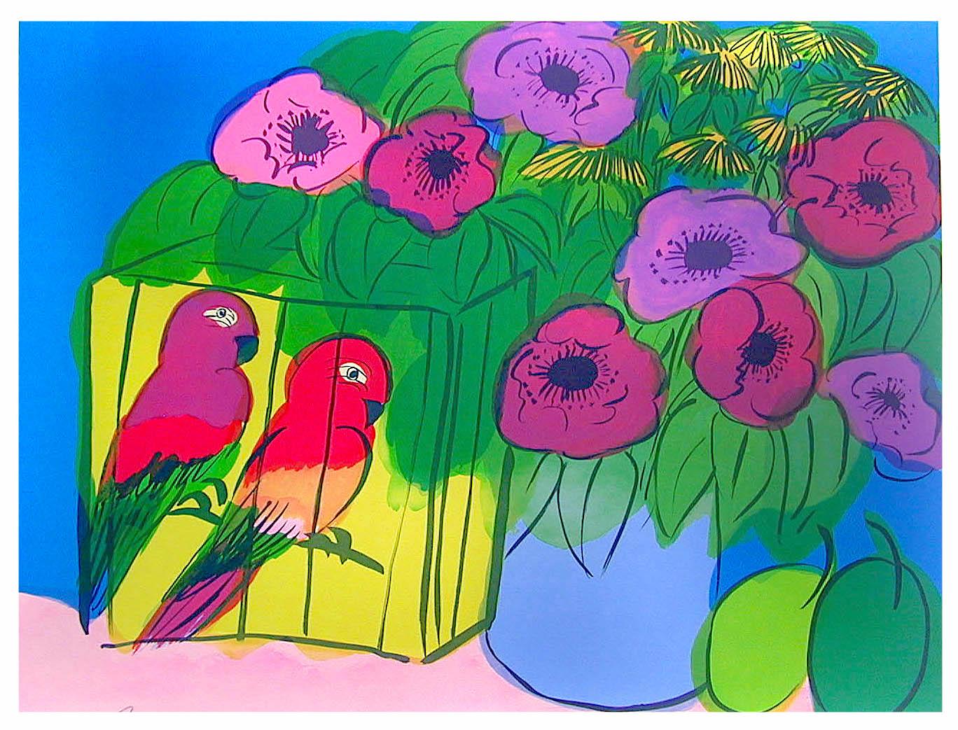 PARROTS AND FLOWERS Signed Lithograph, Magenta Purple Flowers, Plums, Parrots - Print by Walasse Ting