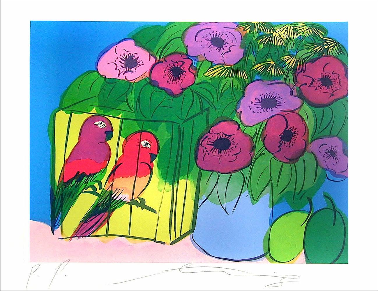 Walasse Ting Interior Print - PARROTS AND FLOWERS Signed Lithograph, Magenta Purple Flowers, Plums, Parrots