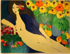 Reclining Nude with Flowers Screenprint, Vibrant, Circa 1978, Unframed