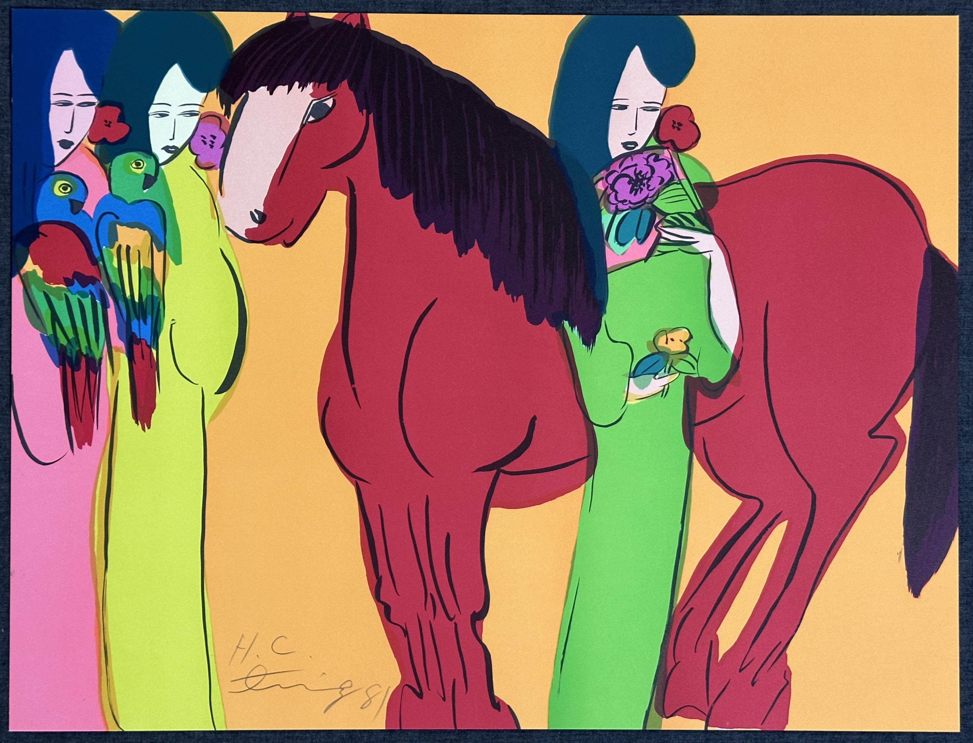 Cavallo Rosso 1981 Litografia firmata in edizione limitata - Print di Walasse Ting