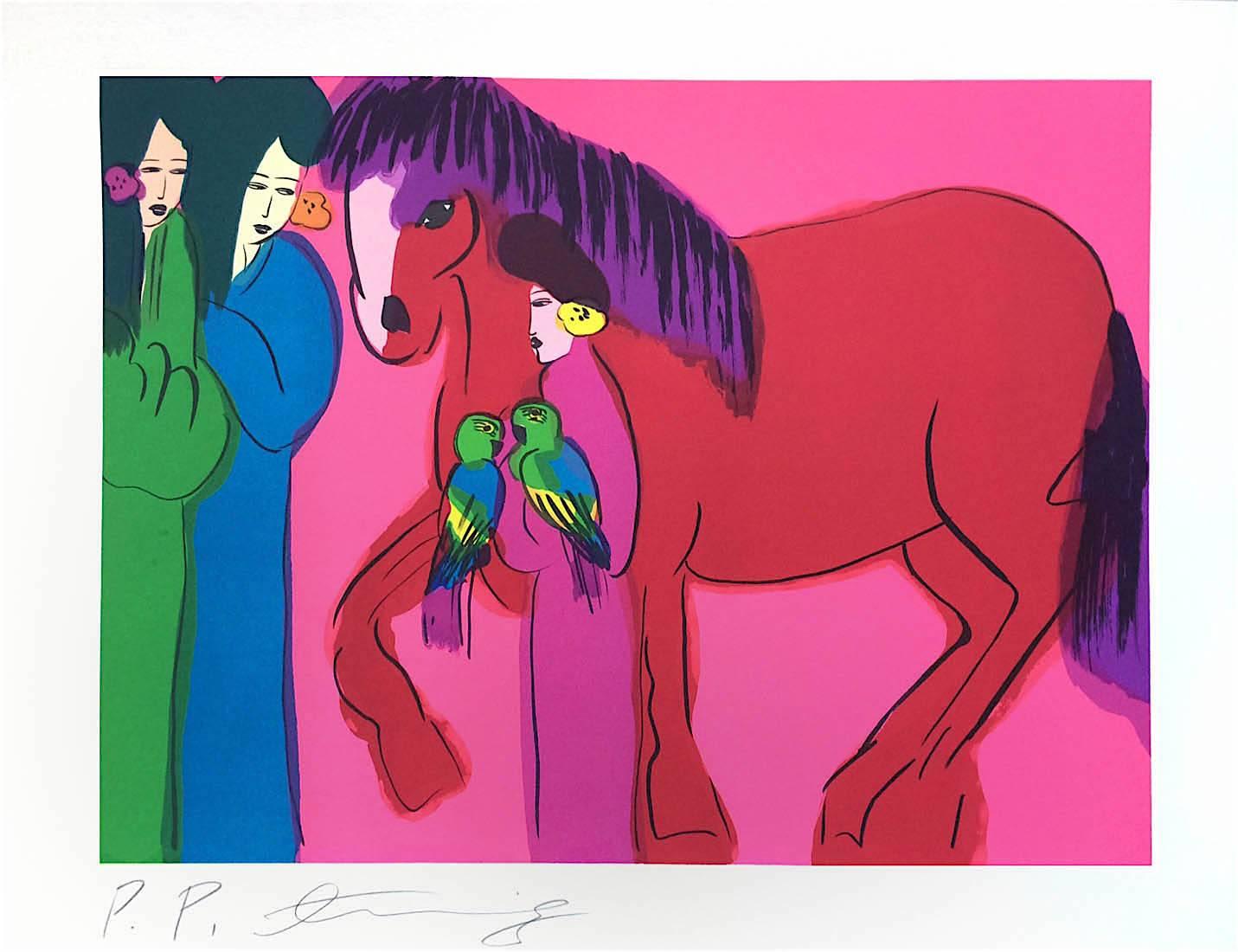 RED HORSE on HOT PINK THREE GEISHAS ist eine Original-Lithografie auf Somerset-Papier, 100% säurefrei, des renommierten chinesischen Künstlers Walasse Ting (DING XIONGQUAN, Chinese, 1929-2010). Tings Verwendung kräftiger Farben und ausdrucksstarker