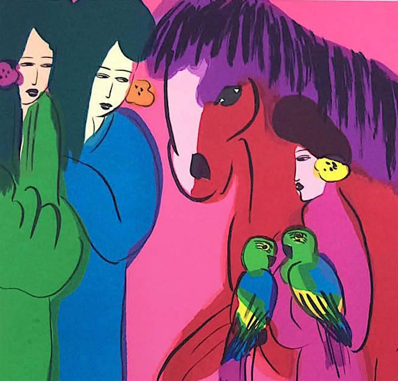 RED HORSE on HOT PINK THREE GEISHAS Signierte Lithographie, asiatische Frauen, Papageien  (Zeitgenössisch), Print, von Walasse Ting