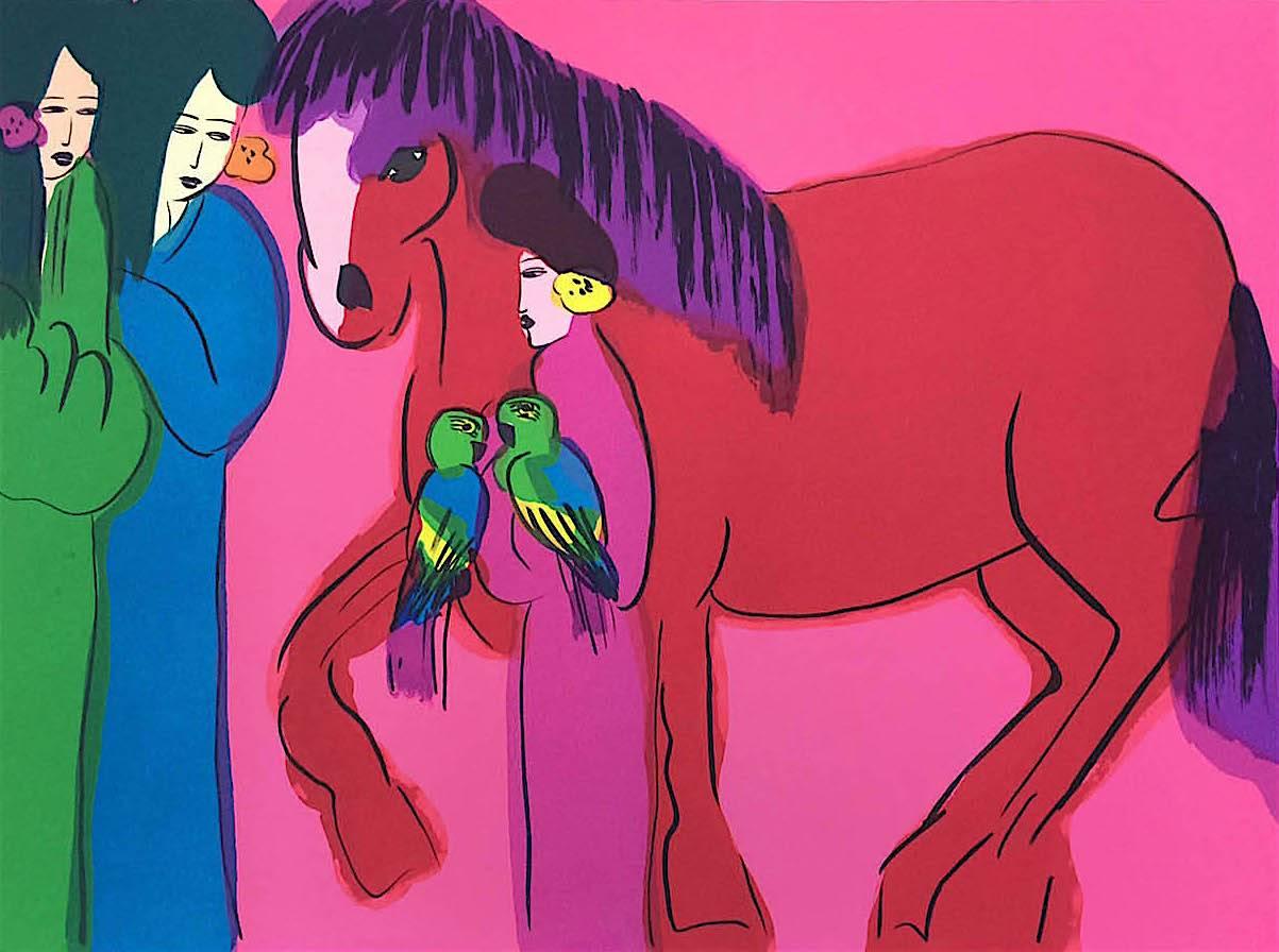 CABALLO ROJO sobre ROSA CALIENTE TRES GEISHAS Litografía firmada, mujeres asiáticas, loros - Print de Walasse Ting