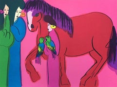 RED HORSE on HOT PINK THREE GEISHAS Signed Lithograph, Asian Women, Parrots