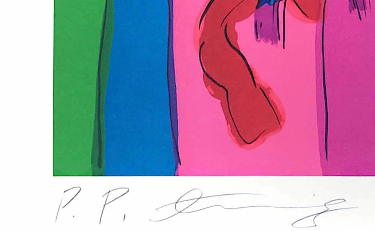 CABALLO ROJO sobre ROSA CALIENTE TRES GEISHAS Litografía firmada, mujeres asiáticas, loros - Figurative Print Rosa de Walasse Ting