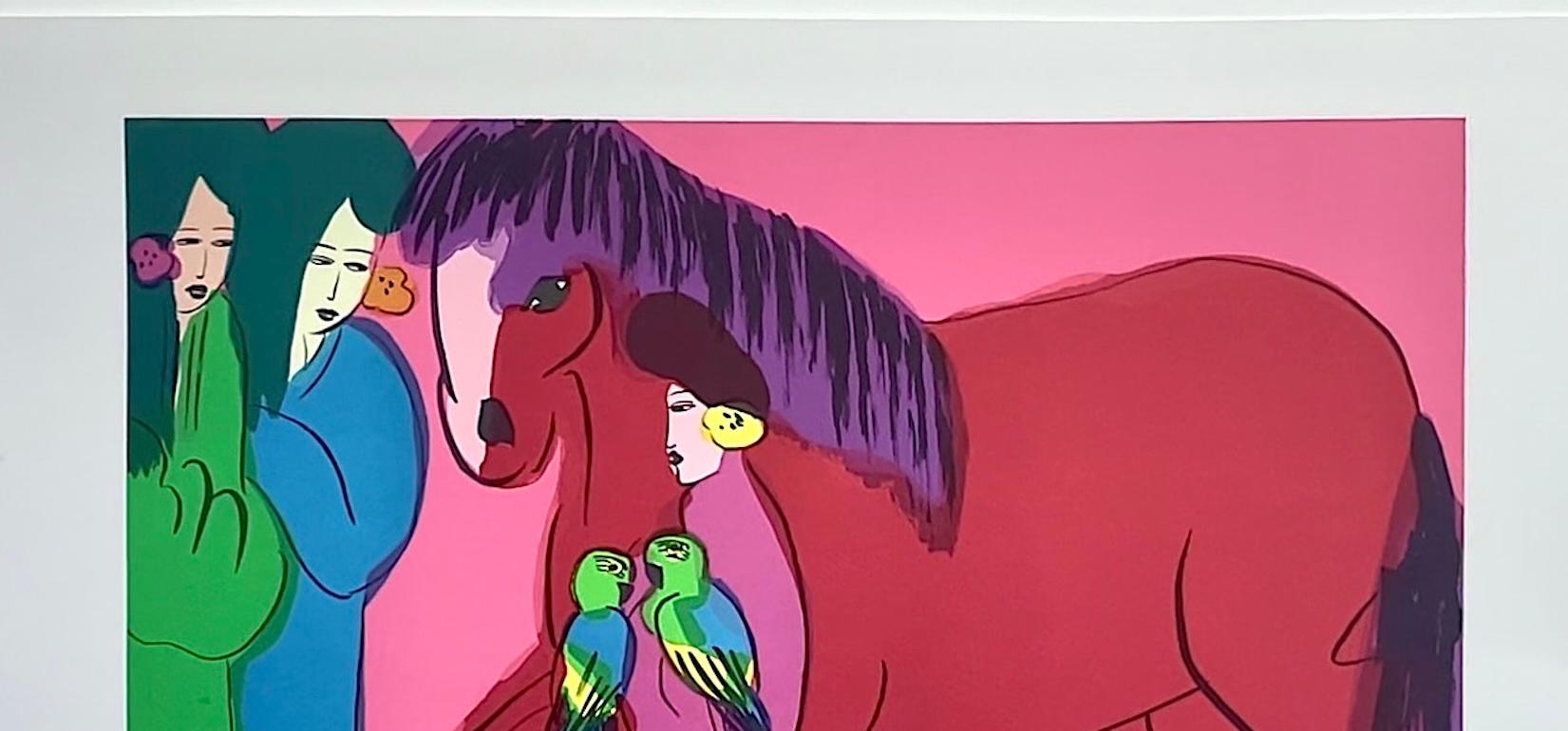CABALLO ROJO sobre ROSA CALIENTE TRES GEISHAS Litografía firmada, mujeres asiáticas, loros en venta 1