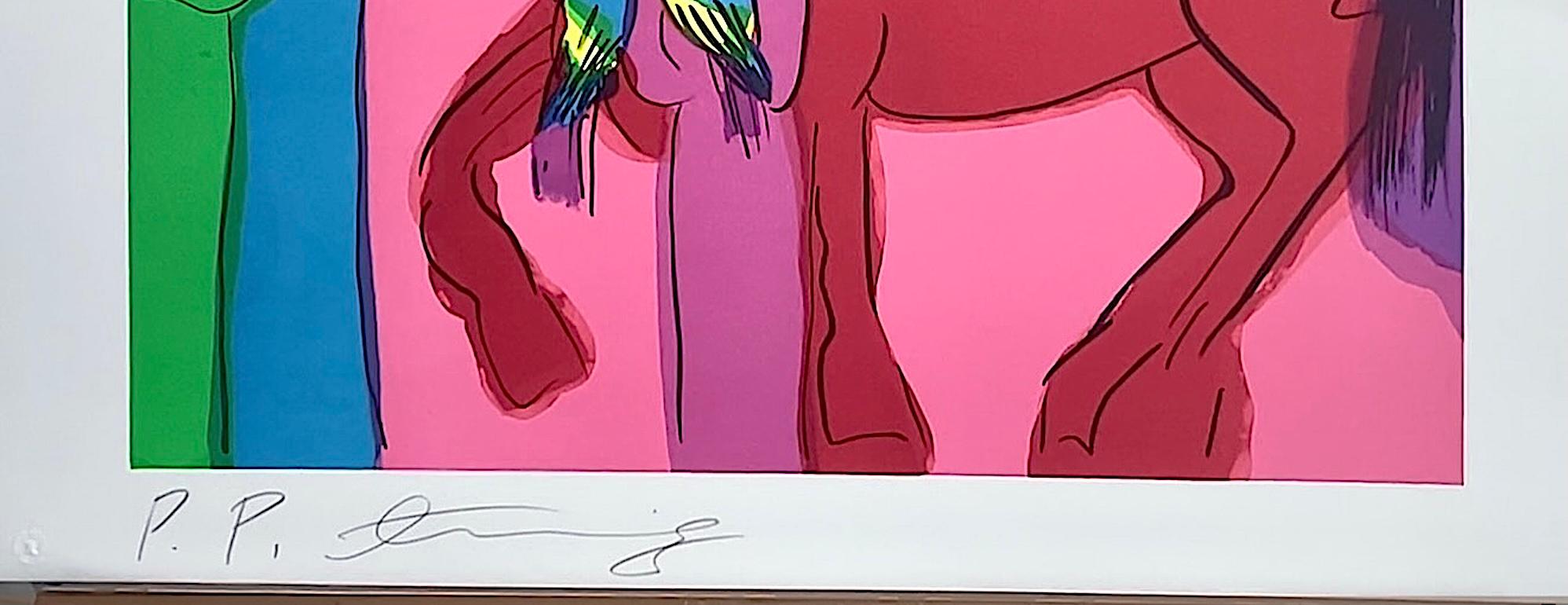 CABALLO ROJO sobre ROSA CALIENTE TRES GEISHAS Litografía firmada, mujeres asiáticas, loros en venta 2