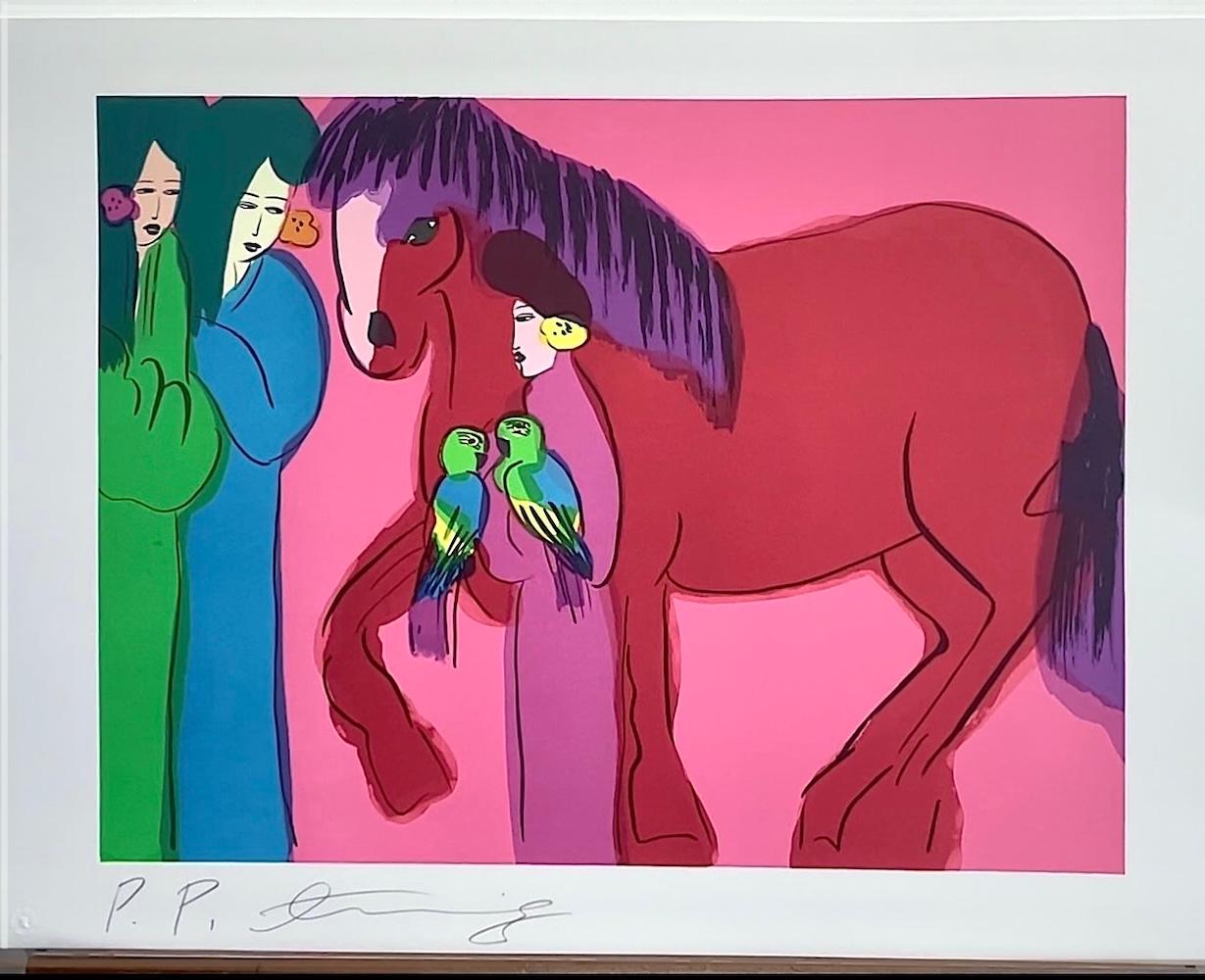 CABALLO ROJO sobre ROSA CALIENTE TRES GEISHAS Litografía firmada, mujeres asiáticas, loros en venta 3