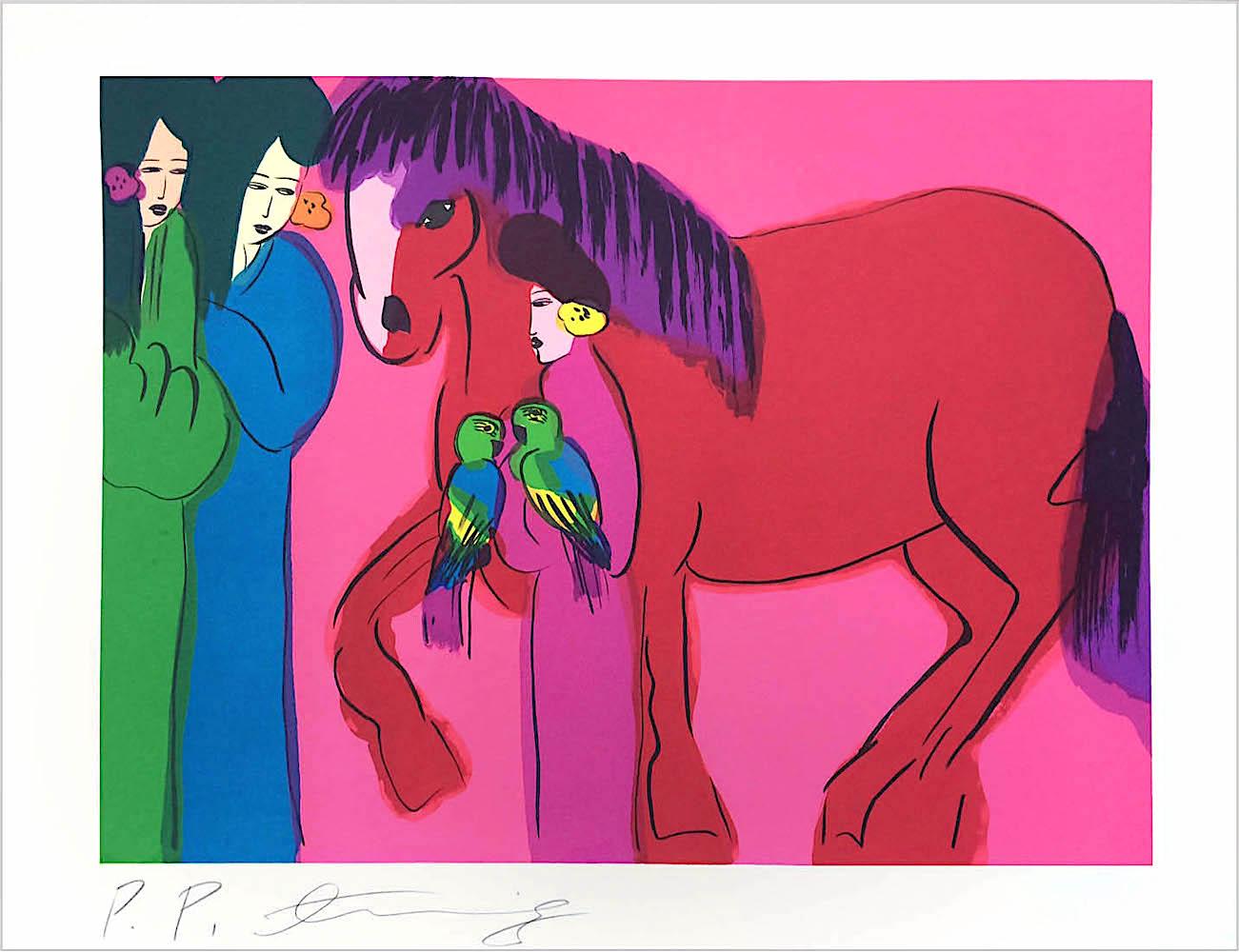 Figurative Print de Walasse Ting - CABALLO ROJO sobre ROSA CALIENTE TRES GEISHAS Litografía firmada, mujeres asiáticas, loros