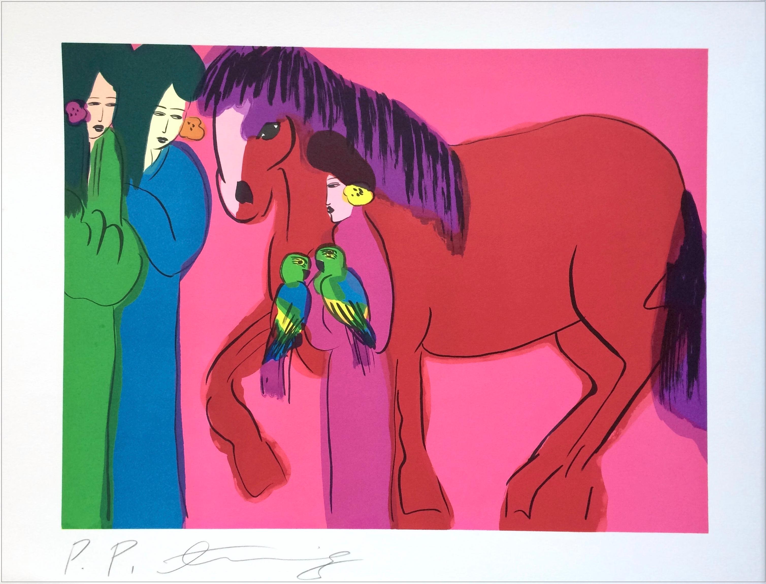 CAVALLO ROSSO su ROSA CALDA TRE GEISHAS Litografia firmata, Donne asiatiche, pappagalli