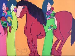 RED HORSE ON ORANGE, THREE GEISHAS Signed Lithograph, Asian Women, Parrots, Fan