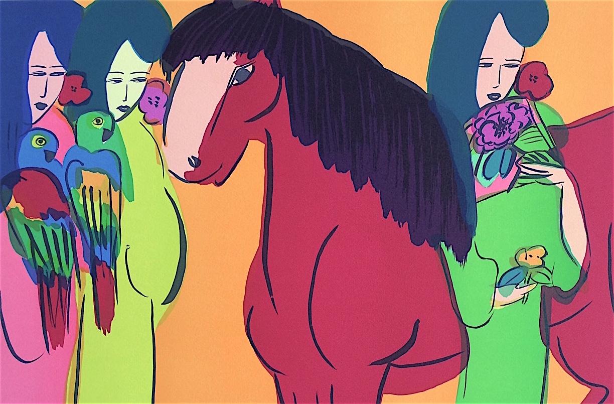RED HORSE ON ORANGE, THREE GEISHAS, signierte Lithographie, asiatische Frauen, Papageien, Fächer – Print von Walasse Ting
