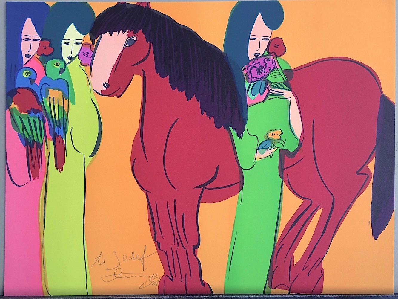 Lithographie signée « RED HORSE ON ORANGE, THREE GEISHAS » (Femmes asiatiques, perroquets, éventail) - Orange Animal Print par Walasse Ting