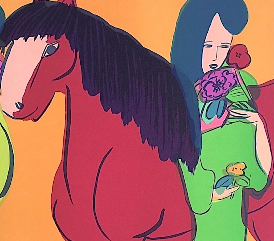 CABALLO ROJO SOBRE NARANJA, TRES GEISHAS Litografía firmada, Mujeres asiáticas, loros, abanico - Animal Print Naranja de Walasse Ting