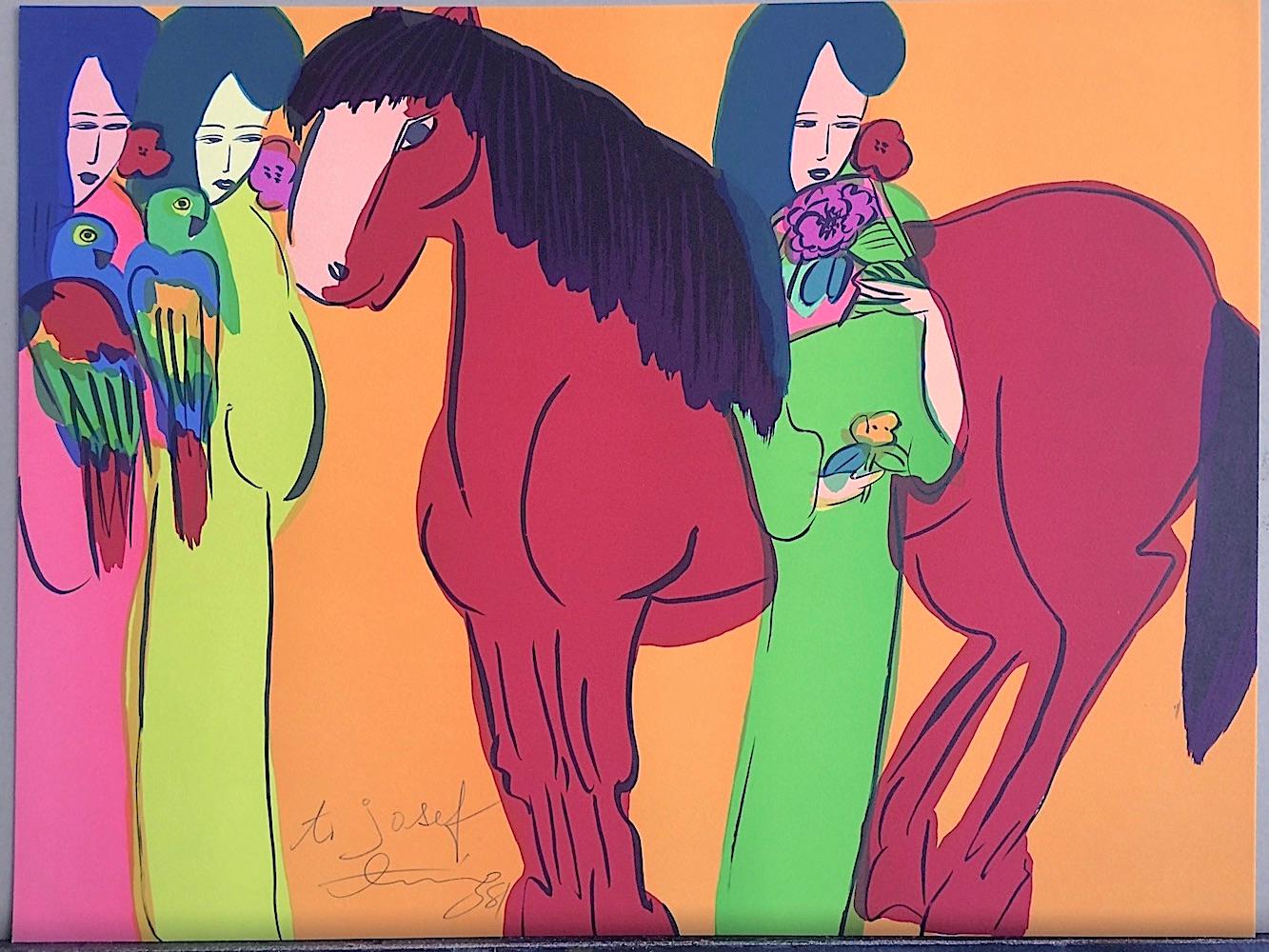 CABALLO ROJO SOBRE NARANJA, TRES GEISHAS Litografía firmada, Mujeres asiáticas, loros, abanico en venta 3
