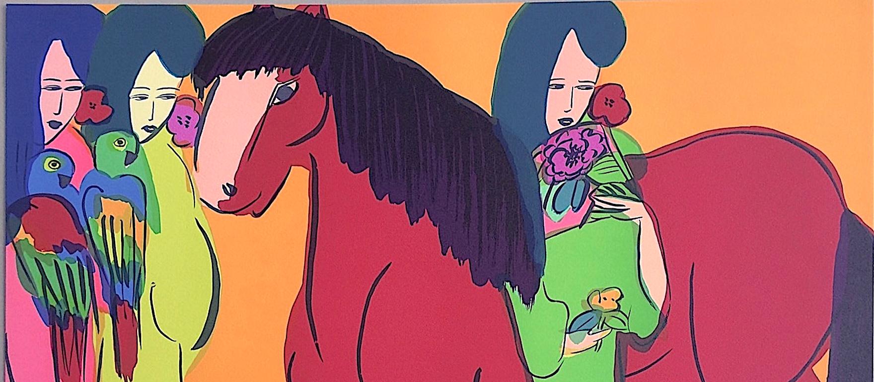 CABALLO ROJO SOBRE NARANJA, TRES GEISHAS Litografía firmada, Mujeres asiáticas, loros, abanico en venta 1