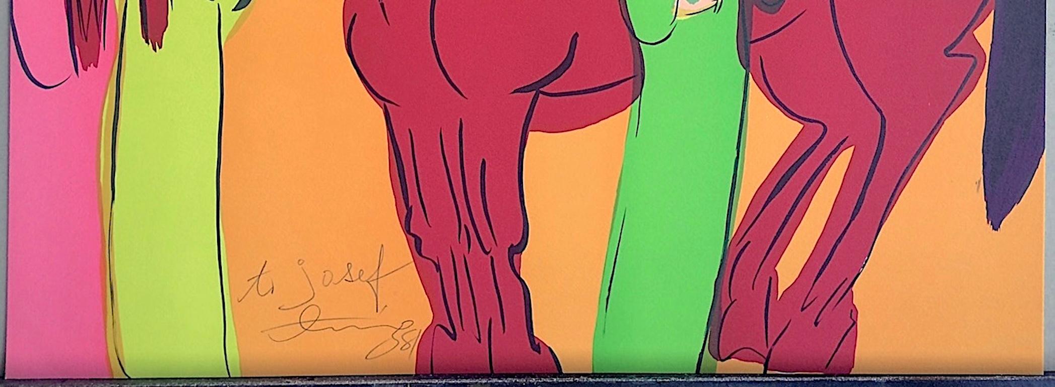 CABALLO ROJO SOBRE NARANJA, TRES GEISHAS Litografía firmada, Mujeres asiáticas, loros, abanico en venta 2