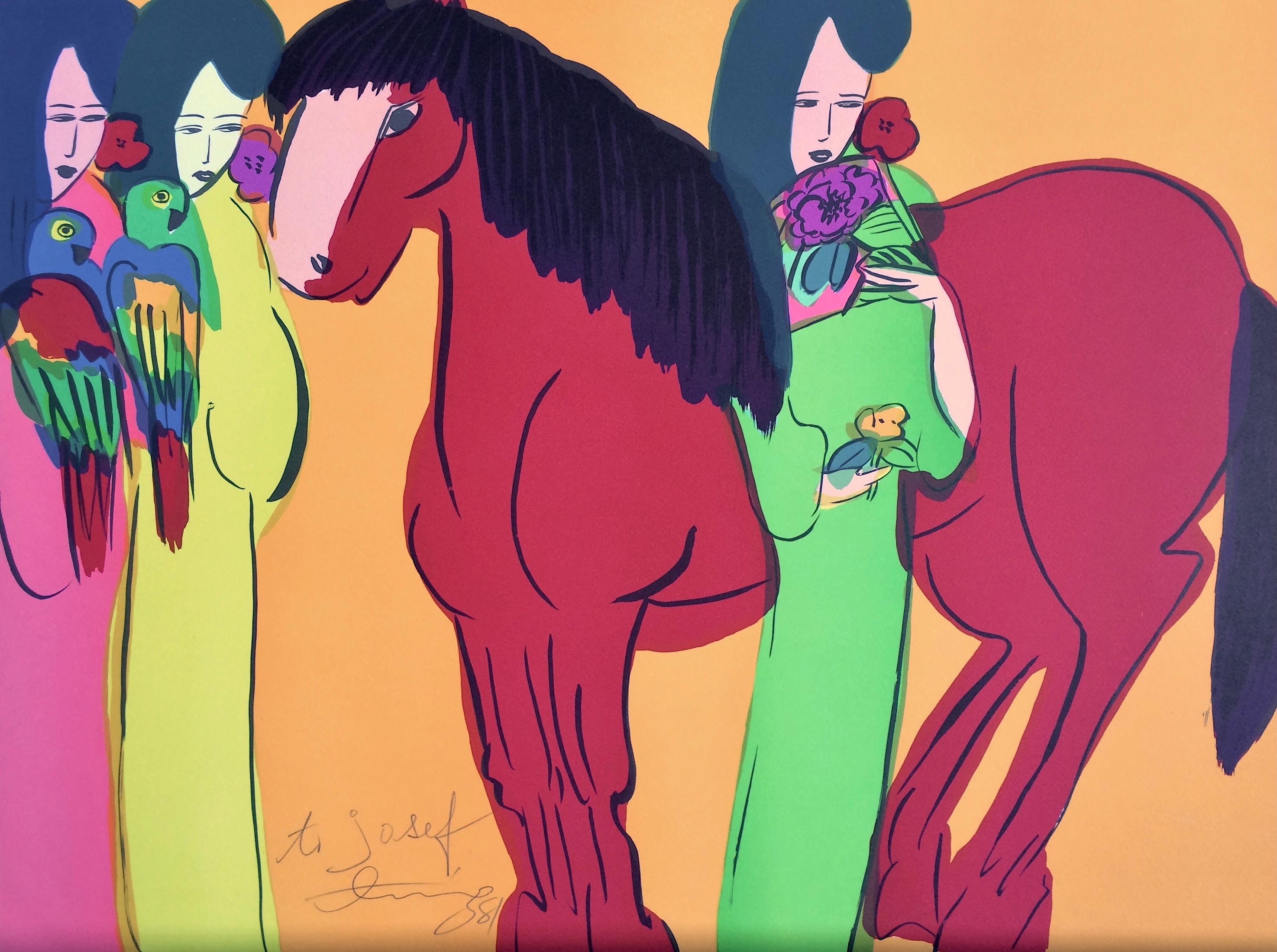 Walasse Ting Figurative Print - RED HORSE ON ORANGE, THREE GEISHAS Signed Lithograph, Asian Women, Parrots, Fan