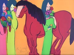 CABALLO ROJO SOBRE NARANJA, TRES GEISHAS Litografía firmada, Mujeres asiáticas, loros, abanico