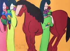 CABALLO ROJO SOBRE NARANJA, TRES GEISHAS Litografía firmada, Mujeres asiáticas, loros, abanico