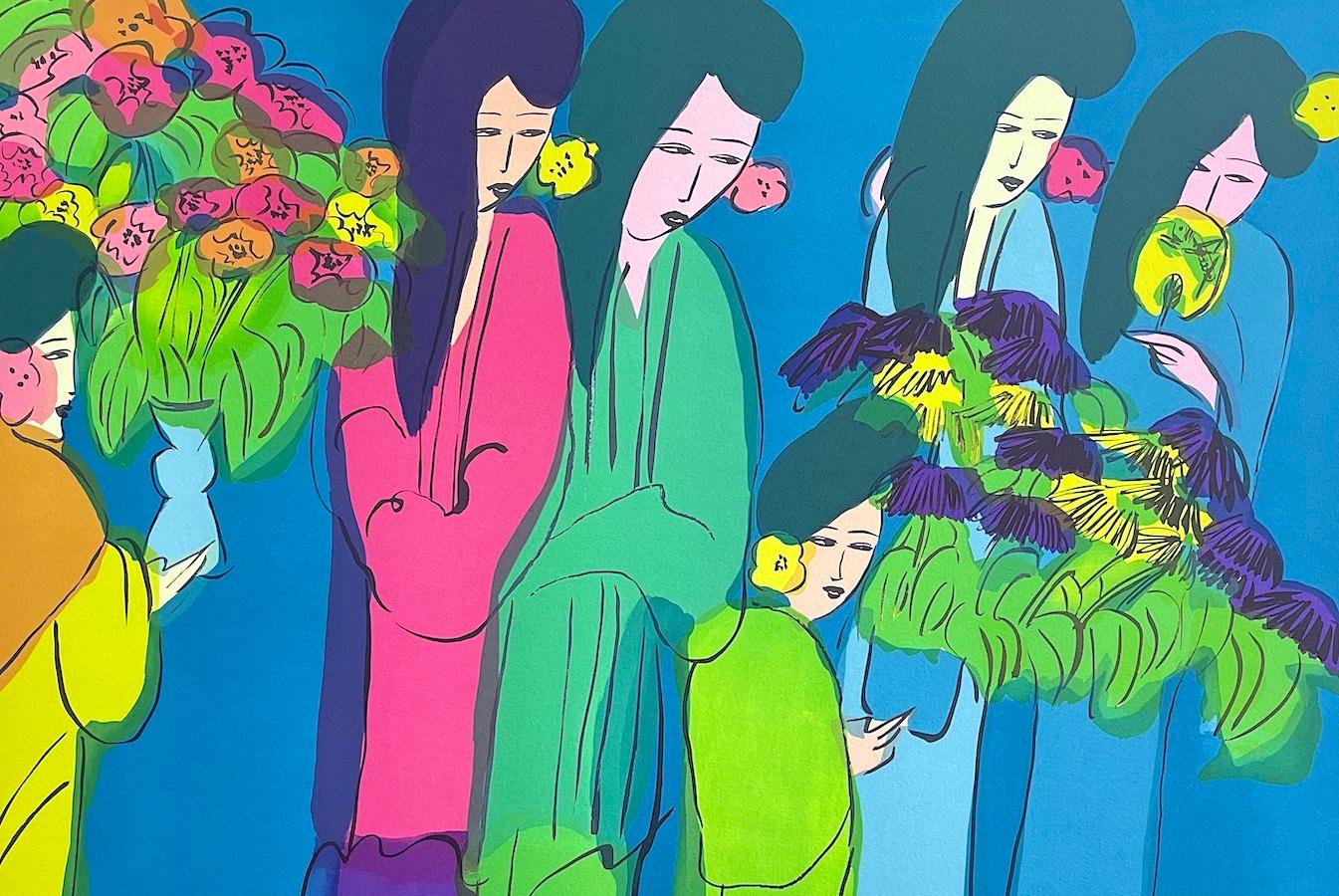 SIX GEISHA WITH FLOWERS Signierte Lithographie Asiatische Frauen Kimonos Blumen Teal Blau – Print von Walasse Ting