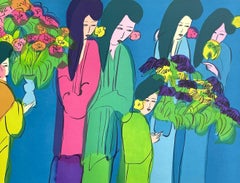 SIX GEISHA WITH FLOWERS Signed Lithograph Asian Women Long Hair Kimono Teal Blue
