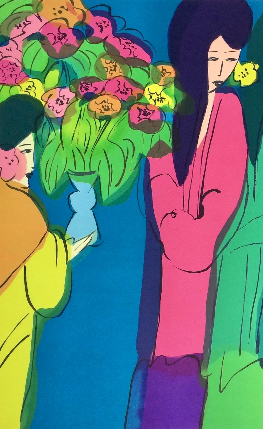 IX GEISHA WITH FLOWERS signée Lithographie de femmes asiatiques à cheveux longs bleu sarcelle - Contemporain Print par Walasse Ting