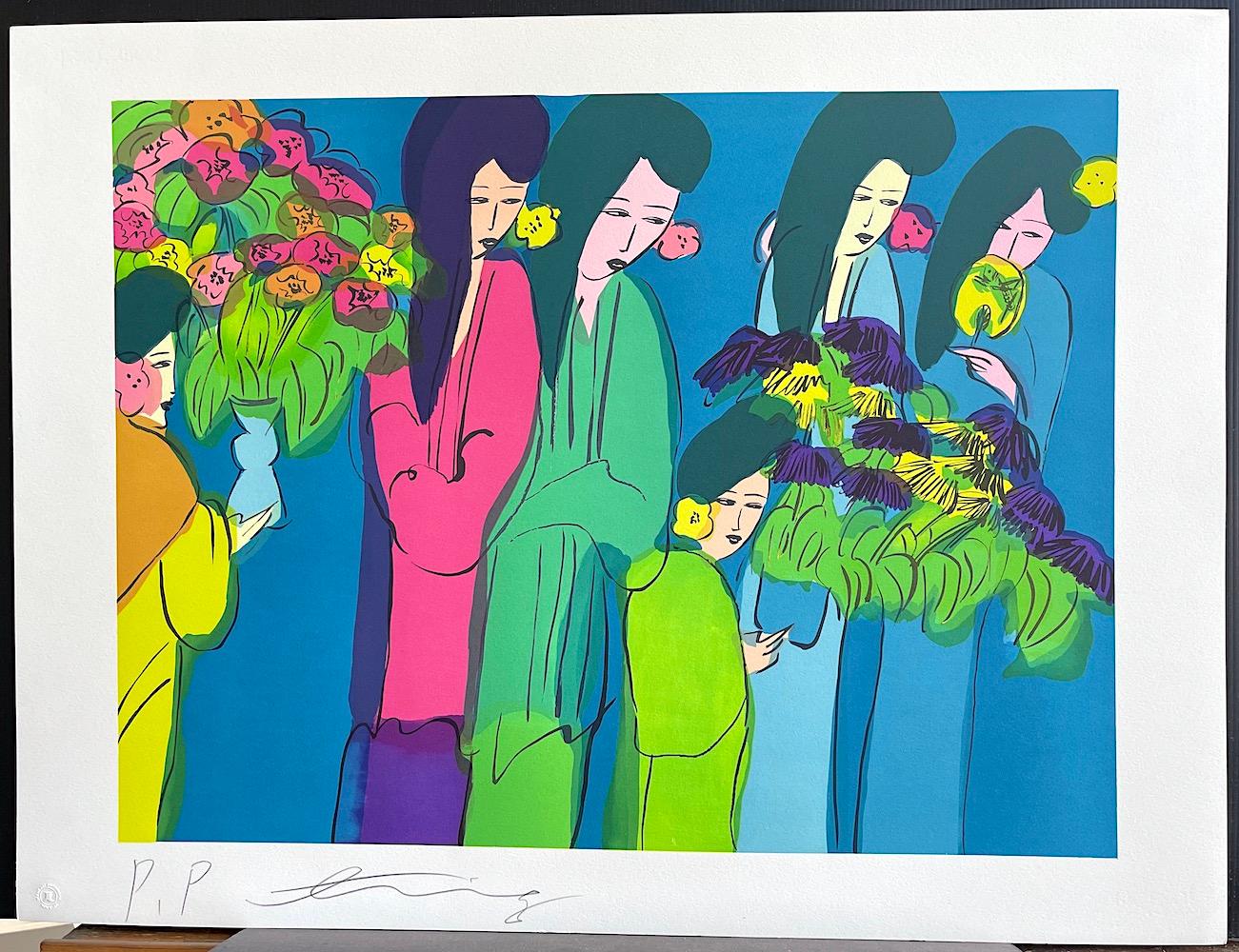 SIX GEISHA WITH FLOWERS ist eine originale handgezeichnete Lithografie auf 100% säurefreiem Somerset-Papier des renommierten in China geborenen Künstlers Walasse Ting (DING XIONGQUAN, Chinese, 1929-2010). Tings Verwendung kräftiger Farben und