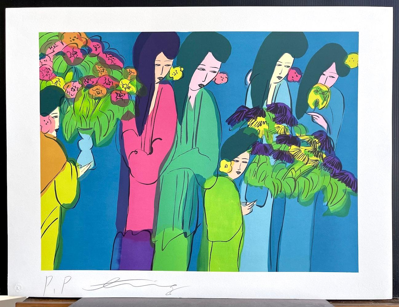 IX GEISHA WITH FLOWERS signée Lithographie de femmes asiatiques à cheveux longs bleu sarcelle en vente 4